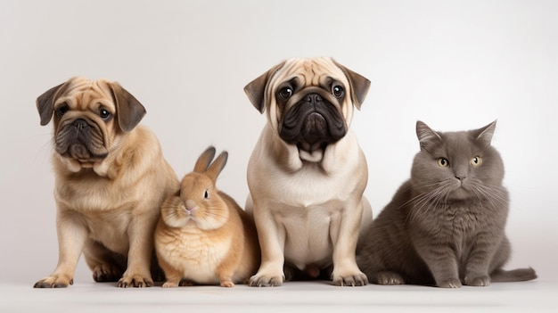 Een groep honden en een kat zitten bij elkaar.