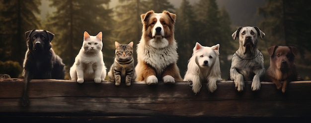 een groep honden en katten die over een houten generatieve ai turen