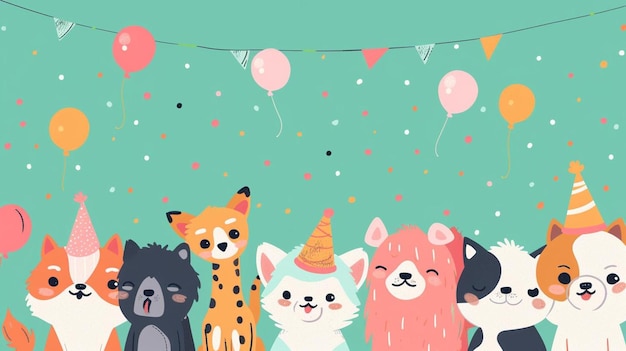 een groep honden en katten die voor ballonnen staan