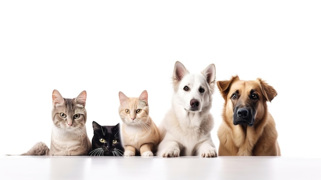 Een groep honden en katten zit samen op een witte achtergrond.