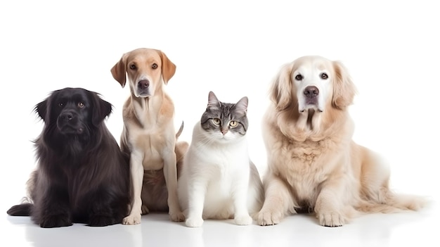 Een groep honden en katten zitten bij elkaar.