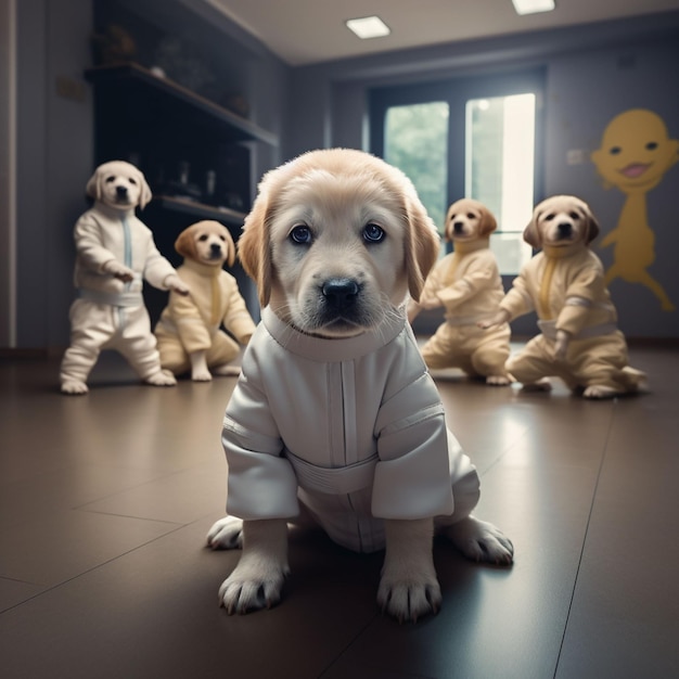 Een groep honden in een kamer met een geel bord waarop staat "de hond heeft een witte outfit aan".