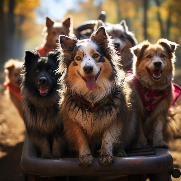 Een groep honden is op een fiets met het woord hond op de achterkant.