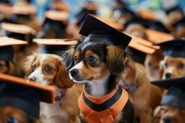 Een groep honden met afstudeerkappen en jurken