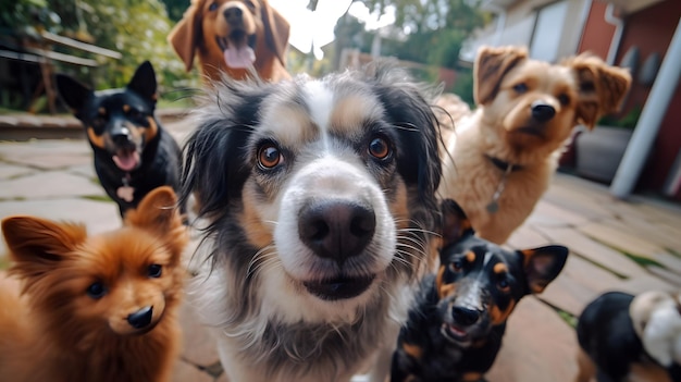 Een groep honden staat opgesteld op een oprit, waaronder een hond.