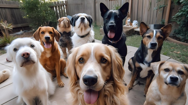 Een groep honden zit bij elkaar in een achtertuin.