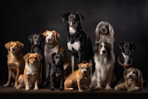 Een groep honden zit bij elkaar op een donkere achtergrond.