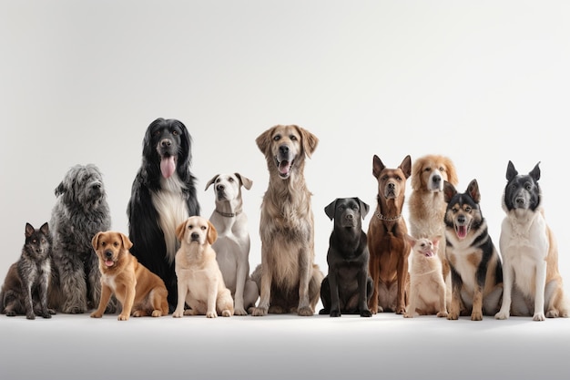 Een groep honden zit bij elkaar voor een witte achtergrond.