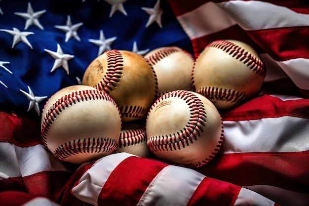 Een groep honkballen die bovenop een Amerikaanse vlag zitten