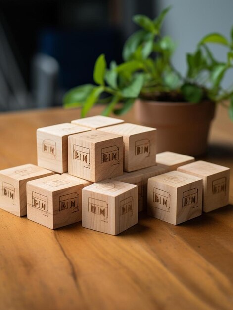 een groep houten kubussen met de letters f