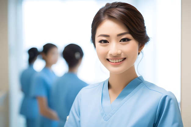 Een groep huidverzorgingskliniekmedewerkers in een blauwe outfit