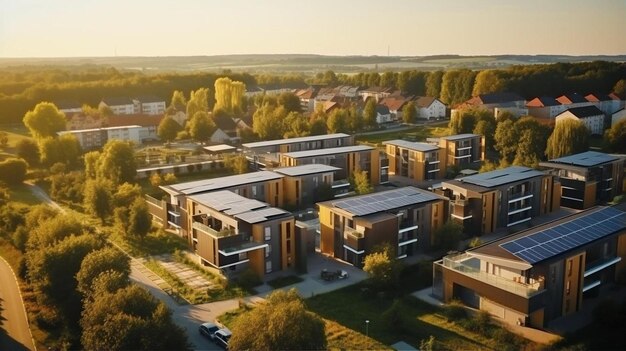 Foto een groep huizen met zonnepanelen op het dak