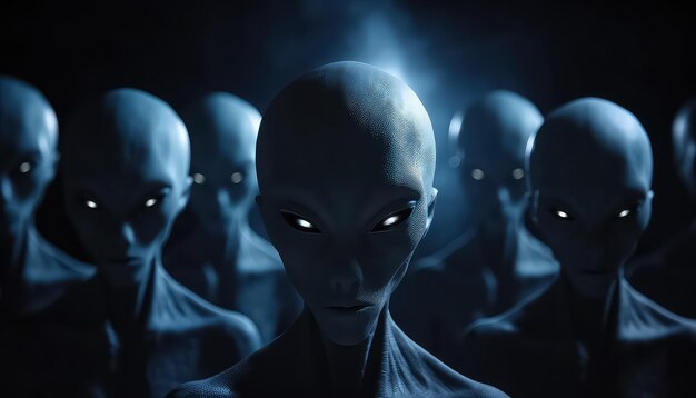 Een groep humanoïden die met gloeiende ogen kijken.