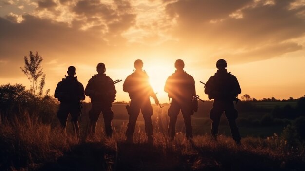 Foto een groep huurlingen tijdens het patrouilleren en bewaken van het grondgebied bewegen ze zich over het steppe-terrein in de stralen van de ondergaande zon