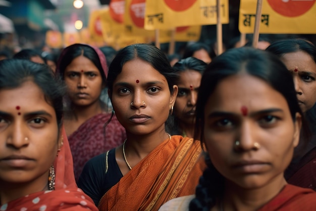 Een groep Indiase vrouwen in traditionele sari buiten op protest Generative AI