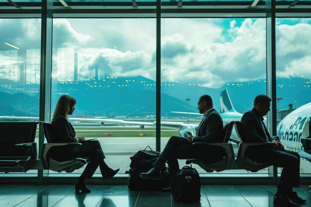 Een groep individuen die naast elkaar zitten op een luchthaven en wachten op hun vluchten en zich bezighouden met verschillende activiteiten Zakelijke reizigers die wachten op hun vlucht in een luchthaven lounge AI gegenereerd