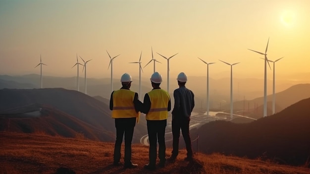 Een groep ingenieurs overweegt de installatie van zonnepanelen Berg windturbine zonnepaneel op de achtergrond Generatieve AI