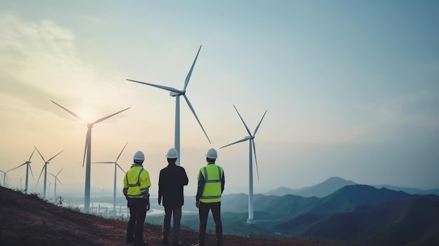 Een groep ingenieurs overweegt de installatie van zonnepanelen Berg windturbine zonnepaneel op de achtergrond Generatieve AI