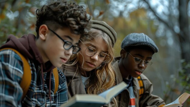 Foto een groep jonge dichters in een park met hun woorden die de omgeving om hen heen visueel beïnvloeden en grijze scènes veranderen in levendige landschappen