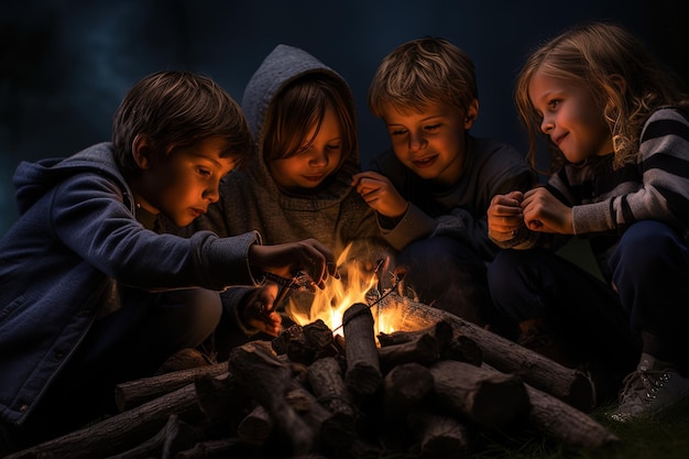 Een groep jonge kinderen die rond een vuur zitten