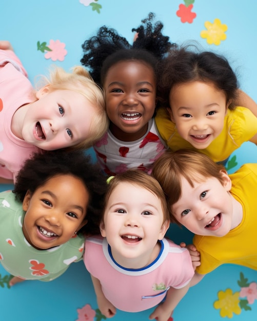 Foto een groep jonge kinderen van verschillende nationaliteiten speelt in een kleuterschool