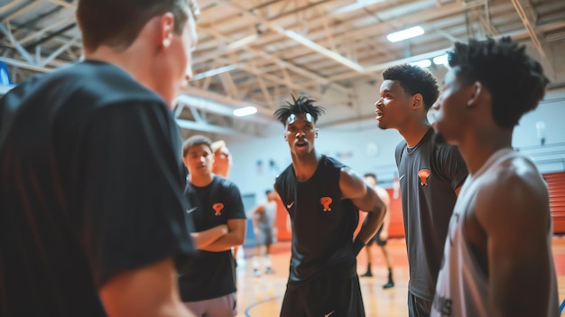 Foto een groep jonge mannen in sportieve kleding is verzameld in een sportschool en kijken naar de coach die tegen hen spreekt.