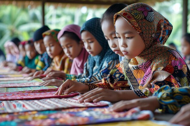 een groep jonge meisjes die aan een tafel zitten