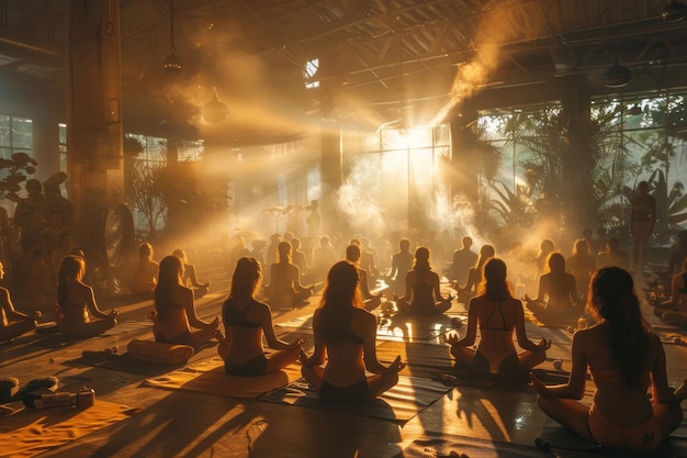 Een groep jonge meisjes die in het zonlicht yoga beoefenen, verrichten Padmasana-oefeningen in de lotuspositie.