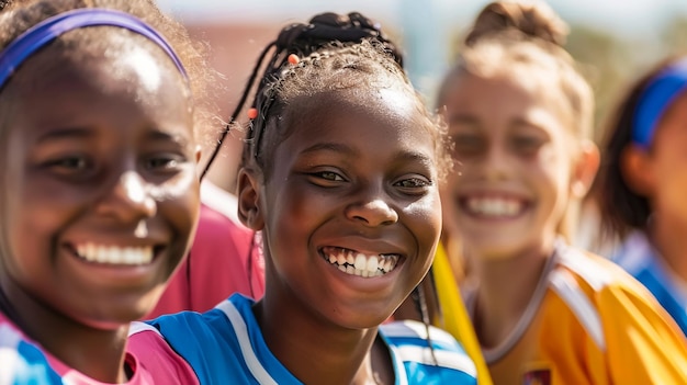 Een groep jonge meisjes die voetbal spelen.