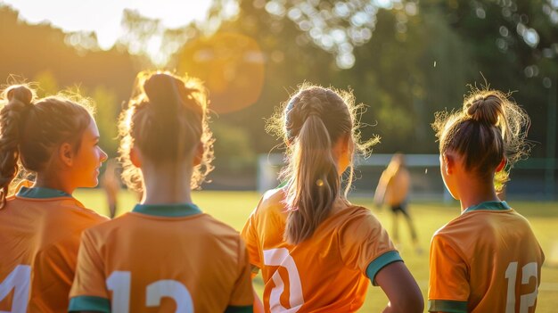 Een groep jonge meisjes die voetbal spelen.