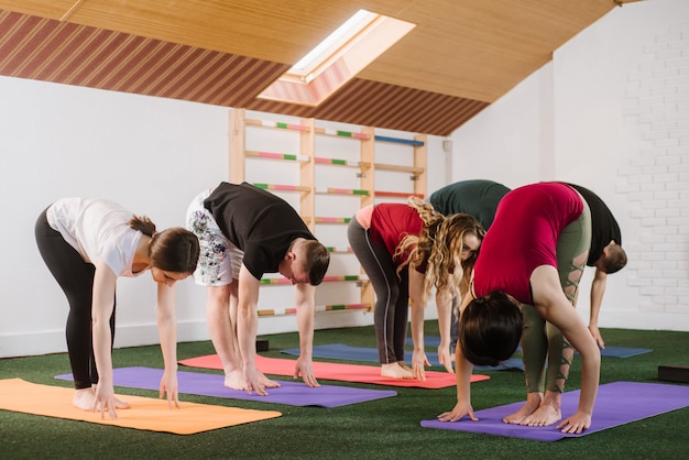 Een groep jonge mensen die joga-oefeningen binnenshuis doen in de sportschool