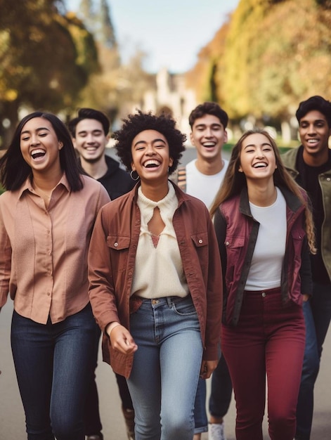 Foto een groep jonge mensen die met een glimlach op hun gezicht door de straat lopen.