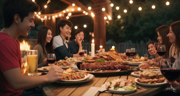 Een groep jonge mensen die plezier maken terwijl ze genieten van rode wijn op een barbecue in de open lucht