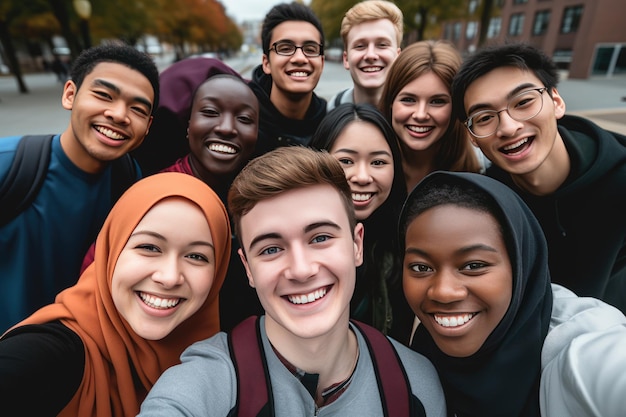 Foto een groep jonge mensen die samen glimlachen naar de camera, gelukkige vrienden die een selfie maken.