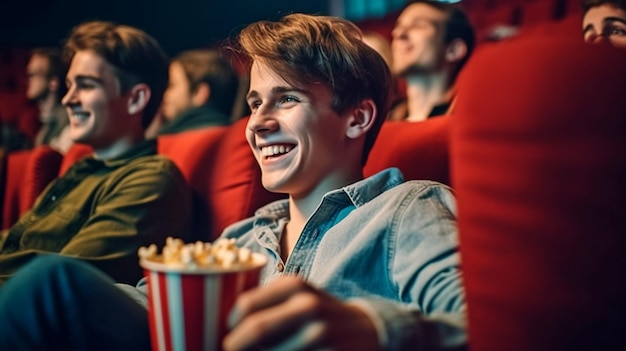 Een groep jonge mensen geniet van een film en eet popcorn in het theater met twee gelukkige mannen op de achtergrond GENERATE AI