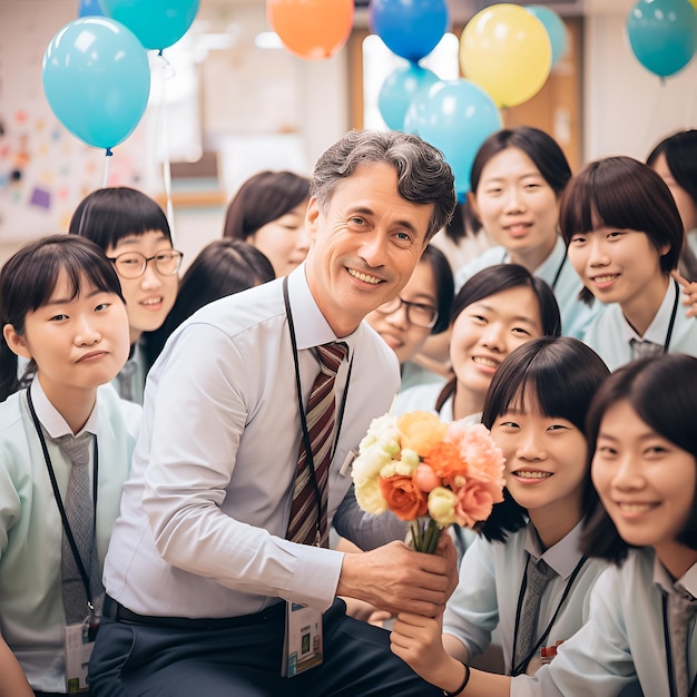 een groep jonge mensen poseert met een boel bloemen.