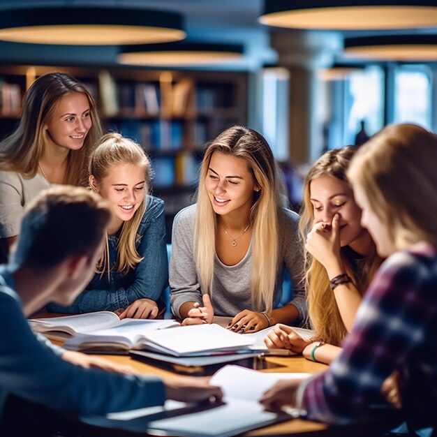 een groep jonge studenten die in de bibliotheek discussiëren