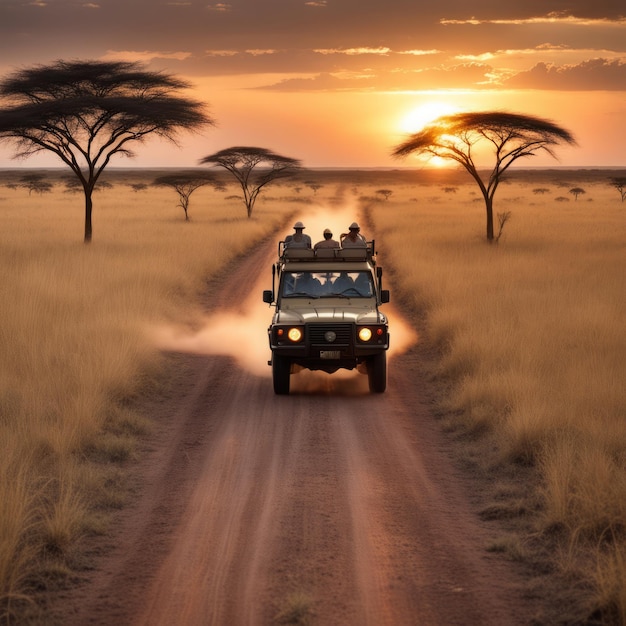 Een groep jonge toeristen in het midden van de savanne een groep jonge toerists in het midden o