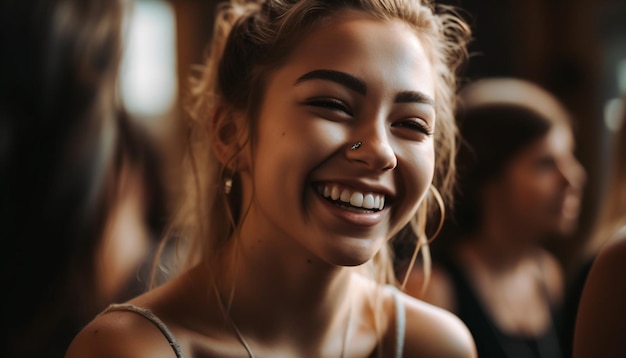 Een groep jonge vrouwen die lachen en genieten van een door AI gegenereerd feest