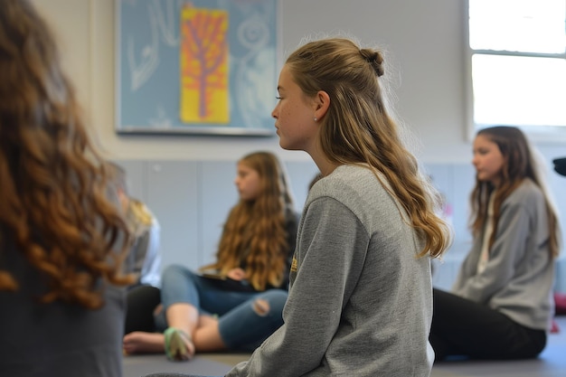 Foto een groep jonge vrouwen die op de vloer zitten.