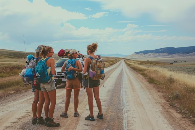 Foto een groep jonge vrouwen die op een onverharde weg staan