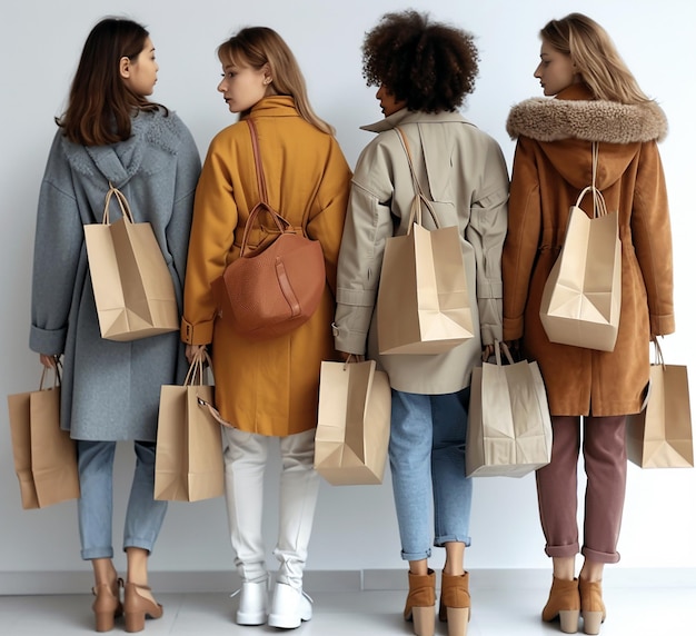 Een groep jonge vrouwen met winkeltassen in elke hand