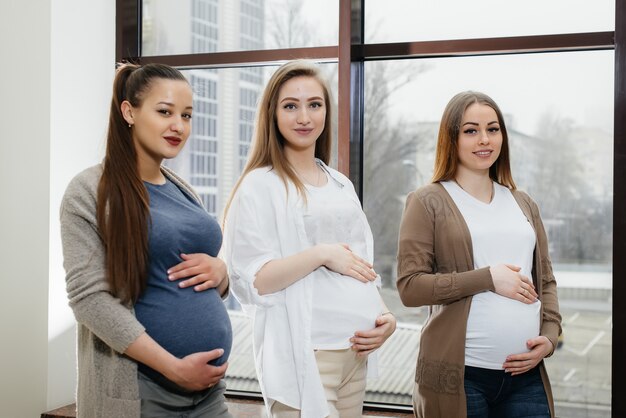 Een groep jonge zwangere meisjes communiceert in de prenatale klas. Verzorging en consultatie van zwangere vrouwen