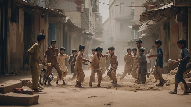 Een groep jongens speelt straatcricket in een straat.