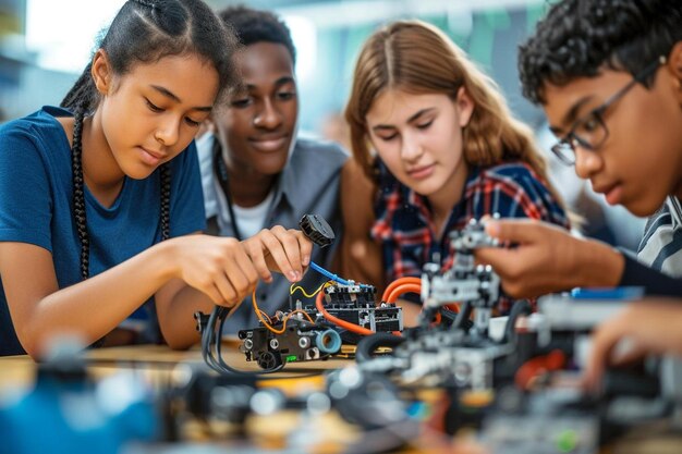 een groep jongeren die aan een project werken