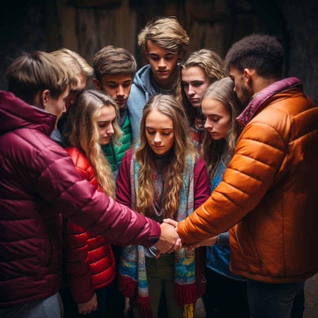 Foto een groep jongeren die elkaar de hand geven en in een cirkel bidden