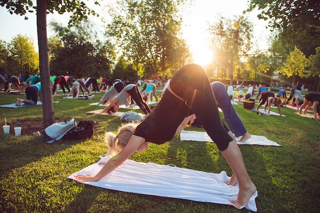 Een groep jongeren doet yoga in het park bij zonsondergang.