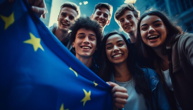 een groep jongeren maakt een selfie, op de achtergrond wappert de vlag van de europese unie