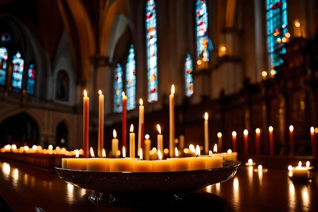 Een groep kaarsen die in een kerk worden aangestoken.