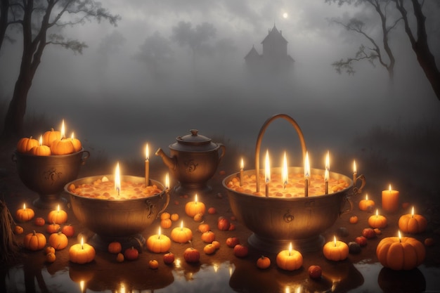 een groep kaarsen en pompoenen in een enge mist met een griezelig landhuis